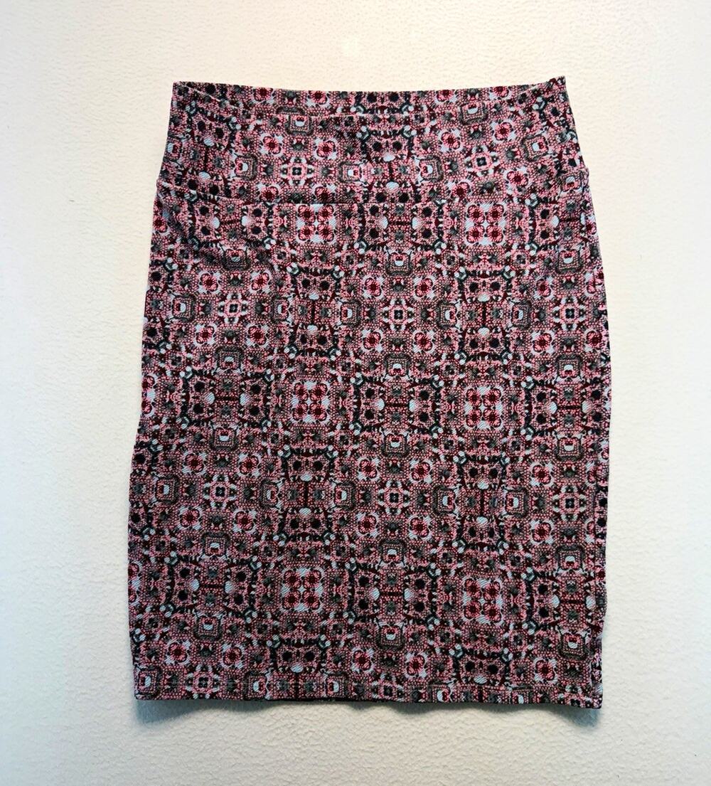 Women XL Geometric classy preppy Pink Blue Gray Knit Stretch office Pencil Skirt